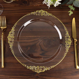 10 Pack 10" Clear Plastic Party Plates With Gold Leaf Embossed Baroque Rim 10 Pack 10" Clear Plastic Party Plates With Gold Leaf Embossed Baroque Rim