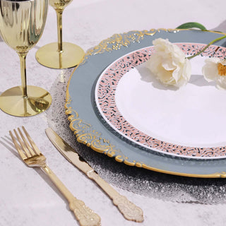 Elevate Your Table Settings with Dusty Blue Gold Embossed Baroque Round Charger Plates Elevate Your Table Settings with Dusty Blue Gold Embossed Baroque Round Charger Plates