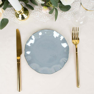 Dusty Blue Heavy Duty Disposable Salad Plates with Gold Ruffled Rim Dusty Blue Heavy Duty Disposable Salad Plates with Gold Ruffled Rim