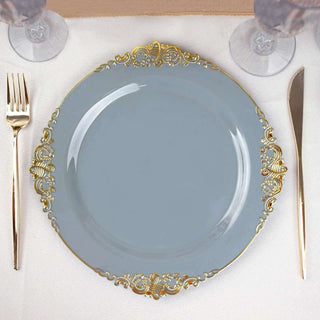 Elegant Dusty Blue Plastic Party Plates with Gold Leaf Embossed Baroque Rim Elegant Dusty Blue Plastic Party Plates with Gold Leaf Embossed Baroque Rim