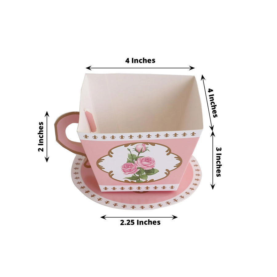 25 Pack Dusty Rose Mini Teacup and Saucer Party Favor Boxes with Rose Floral Print