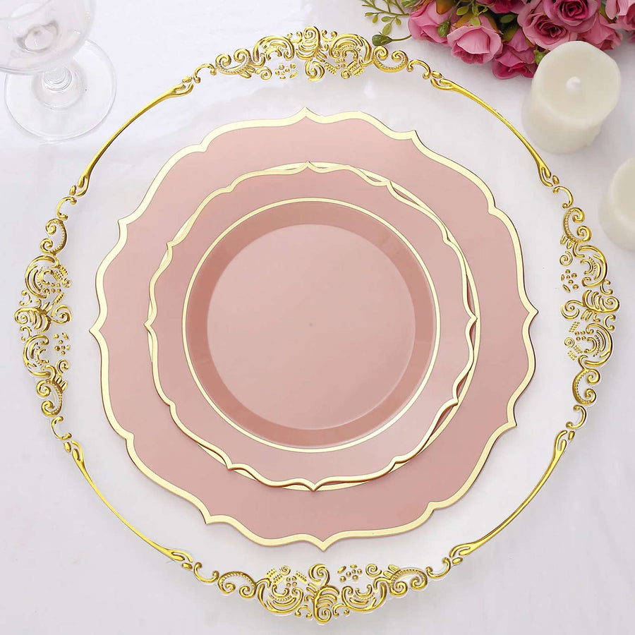 8inch Dusty Rose Plastic Dessert Salad Plates, Disposable Tableware Round With Gold Scalloped Rim