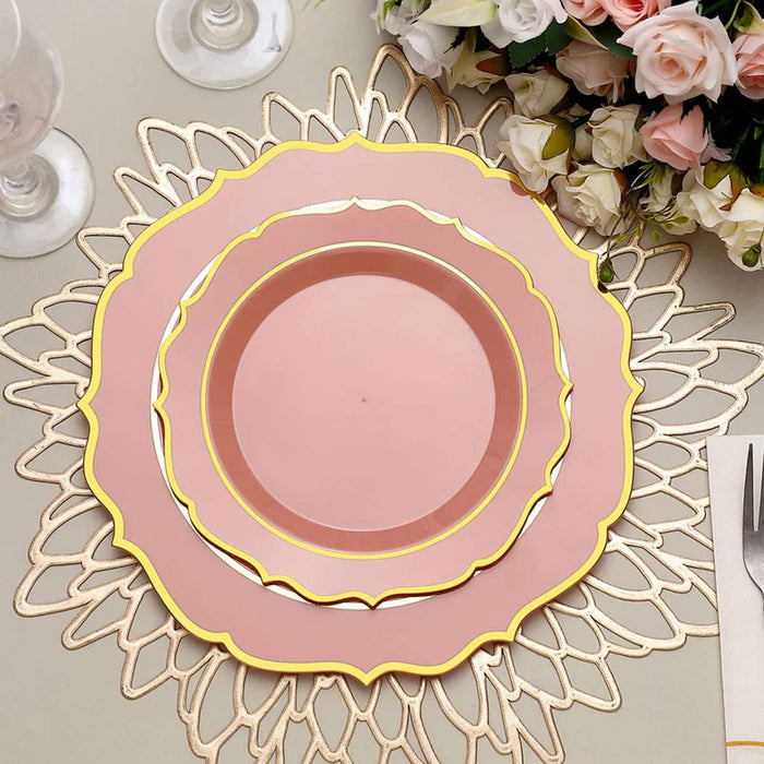 8inch Dusty Rose Plastic Dessert Salad Plates, Disposable Tableware Round With Gold Scalloped Rim
