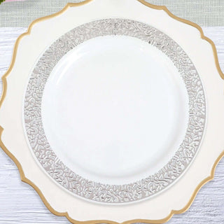 Elegant Silver Lace Rim White Disposable Dinner Plates Elegant Silver Lace Rim White Disposable Dinner Plates