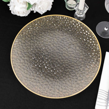 10 Pack Clear Hammered Economy Plastic Charger Plates With Glitter Gold Rim, 13" Round Dinner Chargers Event Tabletop Decor