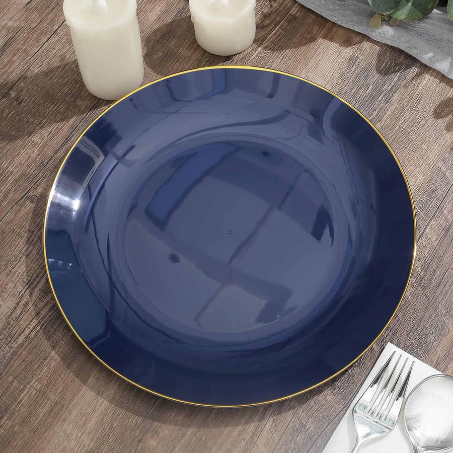10 Pack | 10inch Glossy Navy Blue Round Disposable Dinner Plates With Gold Rim