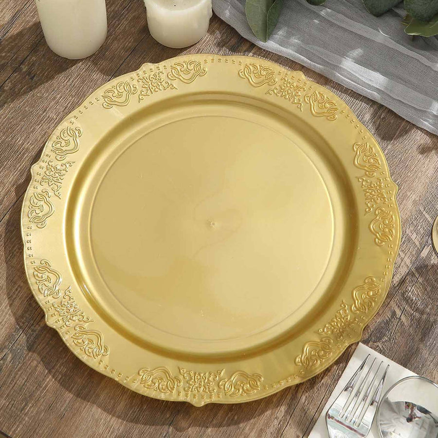 10 Pack | 10inch Gold Embossed Round Disposable Dinner Plates, Plastic Plates With Scalloped Edges