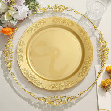 10 Pack 10" Gold Embossed Round Disposable Dinner Plates, Hard Plastic Party Plates With Scalloped Edges