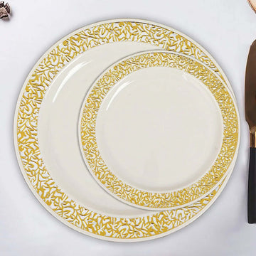 10 Pack 6" Gold Lace Rim Ivory Disposable Salad Plates, Plastic Dessert Appetizer Plates