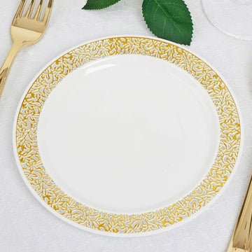 10 Pack 6" Gold Lace Rim White Disposable Salad Plates, Plastic Dessert Appetizer Plates