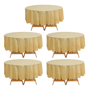 5 Pack Gold Round Waterproof Plastic Tablecloths, 84" Disposable Table Covers