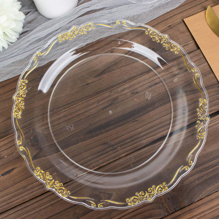 10 Pack | 10inch Gold Vintage Rim Clear Disposable Dinner Plates
