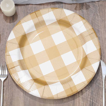 10 Pack 13" Gold White Buffalo Plaid Disposable Charger Plates, Round Checkered Sunray Cardboard Serving Trays- 350 GSM