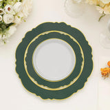 10 Pack 8" Hunter Emerald Green White Disposable Salad Appetizer Plates With Round Blossom Design, Plastic Dessert Plates With Gold Rim