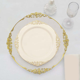 Elegant Ivory Plastic Party Plates with Gold Leaf Embossed Baroque Rim Elegant Ivory Plastic Party Plates with Gold Leaf Embossed Baroque Rim