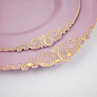 Elegant Lavender Lilac Plastic Party Plates with Gold Leaf Embossed Baroque Rim Elegant Lavender Lilac Plastic Party Plates with Gold Leaf Embossed Baroque Rim