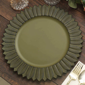 6 Pack 13" Matte Olive Green Sunflower Disposable Charger Plates, Plastic Round Dinner Serving Trays