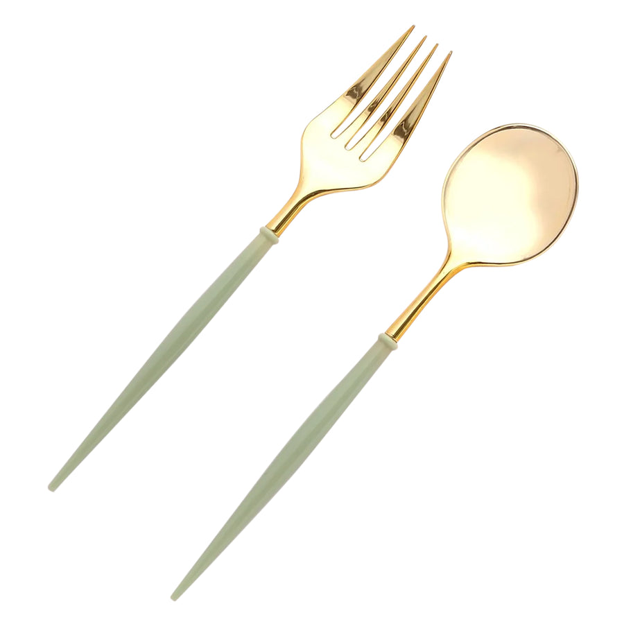 24 Pack Metallic Gold Sage Green Premium Disposable Fork Spoon Silverware Set#whtbkgd