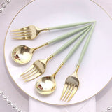 24 Pack Metallic Gold Sage Green Premium Disposable Fork Spoon Silverware Set