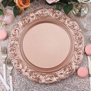 6 Pack 14" Metallic Rose Gold Vintage Plastic Charger Plates With Engraved Baroque Rim, Round Disposable Serving Trays