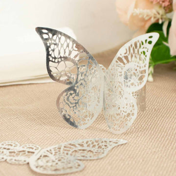 12 Pack Metallic Silver Foil Laser Cut Butterfly Paper Napkin Rings, Chair Sash Bows, Serviette Holders