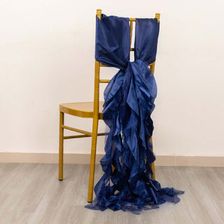 Elevate Your Event with Navy Blue Curly Willow Chiffon Satin Chair Sashes Elevate Your Event with Navy Blue Curly Willow Chiffon Satin Chair Sashes