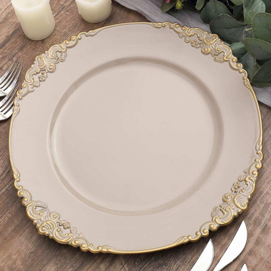 6 Pack 13" Nude Taupe Gold Embossed Baroque Round Charger Plates With Antique Design Rim