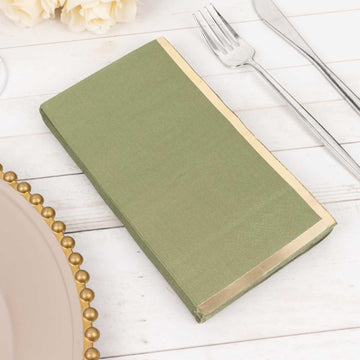 50 Pack Olive Green Soft 2 Ply Disposable Party Napkins with Gold Foil Edge, Dinner Paper Napkins