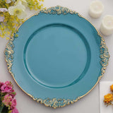 6 Pack 13" Peacock Teal Gold Embossed Baroque Round Charger Plates With Antique Design Rim
