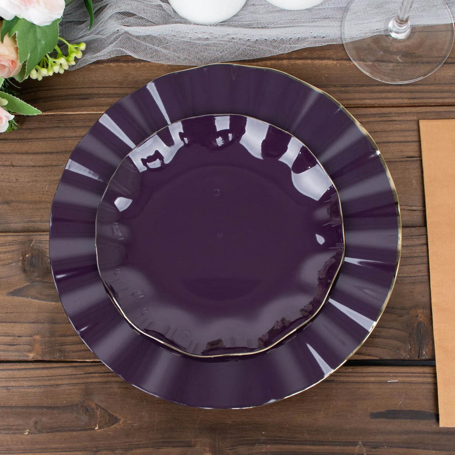10 Pack 6" Purple Heavy Duty Disposable Salad Plates with Gold Ruffled Rim, Heavy Duty Disposable Appetizer Dessert Dinnerware