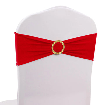 5 Pack Red Spandex Chair Sashes with Gold Diamond Buckles, Elegant Stretch Chair Bands and Slide On Brooch Set - 5"x14"