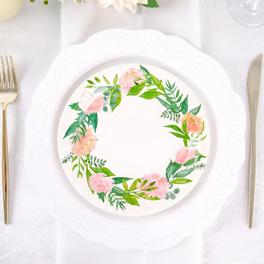 25 Pack | Rose/Peony 7inch Flower Wreath Dessert Appetizer Paper Plates, Disposable Party Plates