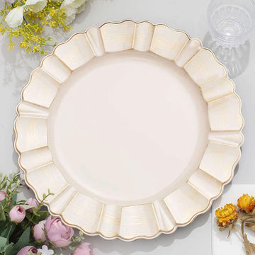 6 Pack 13" Round Beige Acrylic Plastic Dinner Plate Chargers With Gold Brushed Wavy Scalloped Rim