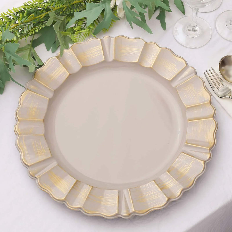 6 Pack 13inch Round Nude Taupe Acrylic Plastic Charger Plates With Gold Brushed Wavy Scalloped Rim
