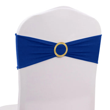 5 Pack Royal Blue Spandex Chair Sashes with Gold Diamond Buckles, Elegant Stretch Chair Bands and Slide On Brooch Set - 5"x14"