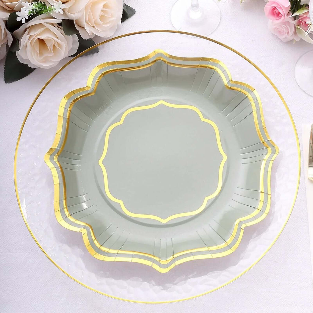 25 Pack Sage Green Disposable Party Plates With Scalloped Gold Rim, 10
