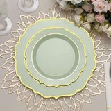8inch Sage Green Plastic Dessert Salad Plates, Disposable Tableware Round With Gold Scalloped Rim