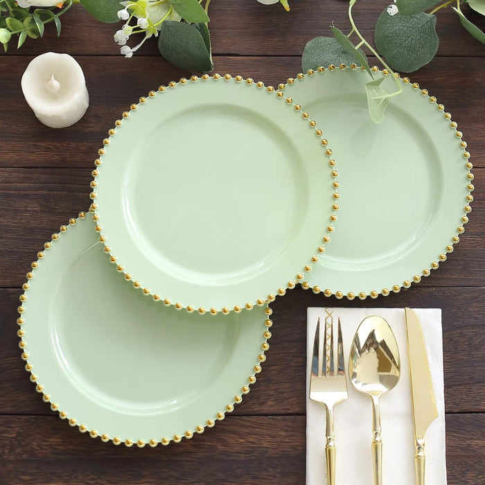 10 Pack Sage Green Plastic Salad Plates with Gold Beaded Rim, Disposable Round Appetizer Dessert