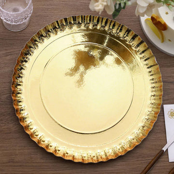 10 Pack Scallop Rim Cardboard Serving Trays, Charger Plates Gold 13", Disposable Round - 1100 GSM