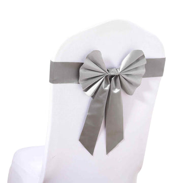 5 Pack Silver Reversible Chair Sashes with Buckles, Double Sided Pre-tied Bow Tie Chair Bands Satin and Faux Leather