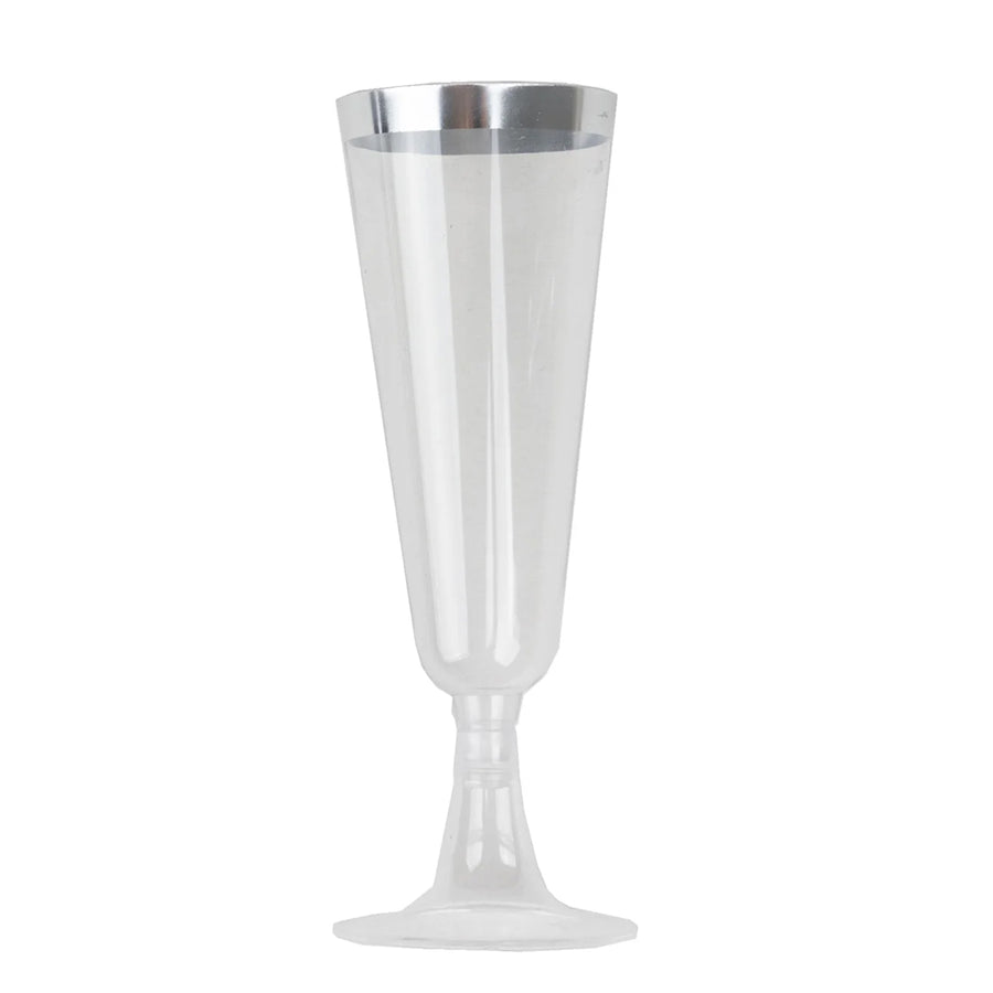 12 Pack 5oz Silver Rim Clear Plastic Champagne Glasses, Disposable#whtbkgd