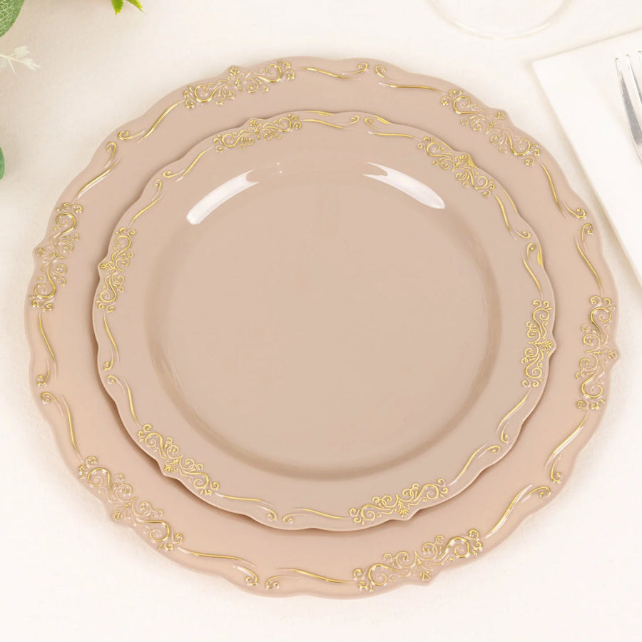 10 Pack 7" Taupe With Gold Vintage Rim Disposable Salad Plates With Embossed Scalloped Edges, Hard Plastic Dessert Plates