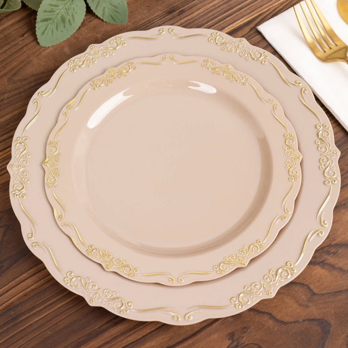 10 Pack | 7inch Taupe With Gold Vintage Rim Hard Plastic Dessert Plates With Embossed Scalloped