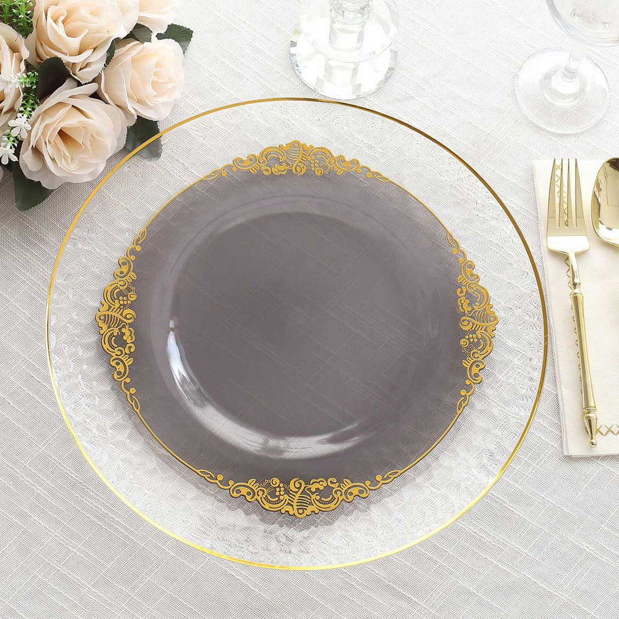 10 Pack Transparent Black Disposable Party Plates with Gold Leaf Embossed Baroque Rim, Round Plastic