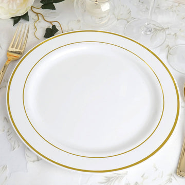 10 Pack 10" Très Chic Gold Rim White Disposable Dinner Plates, Plastic Party Plates