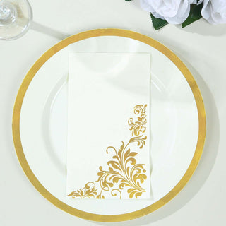 <strong>Elegance White Gold Dinner Paper Napkins with Baroque Floral Print</strong> <strong>Elegance White Gold Dinner Paper Napkins with Baroque Floral Print</strong>