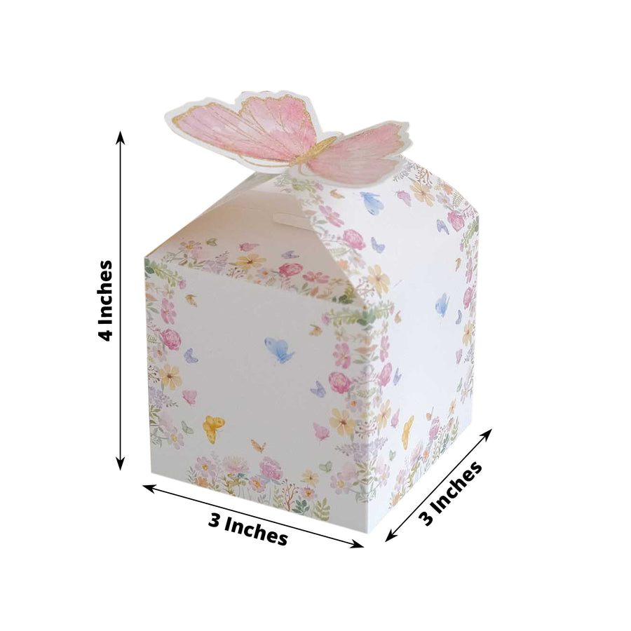 25 Pack White Pink Glitter Butterfly Top Party Favor Boxes, Spring Floral Candy Gift Boxes