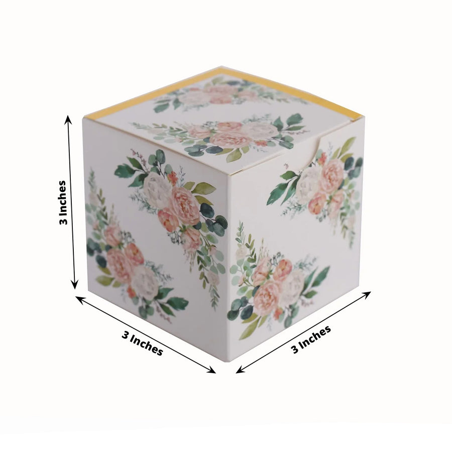25 Pack White Pink Peony Flowers Print Paper Favor Boxes with Gold Edge, Cardstock Gift Box