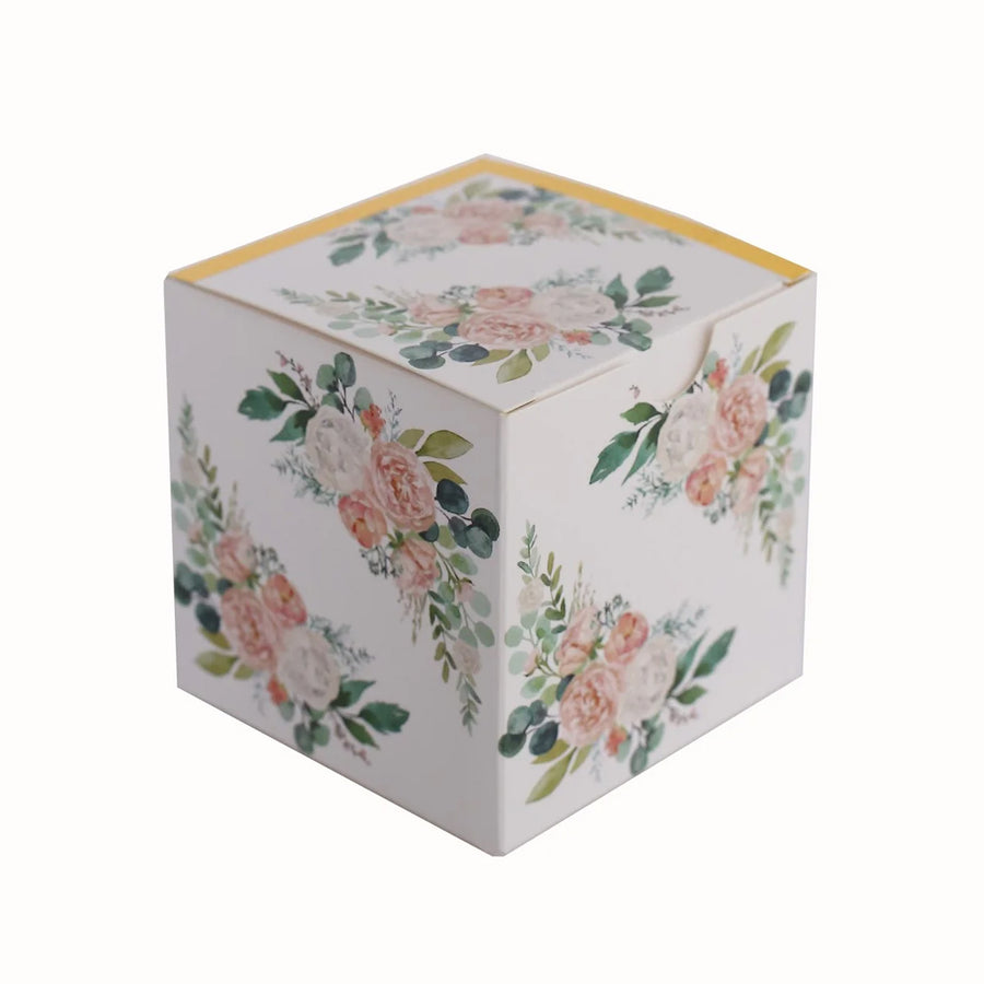 25 Pack White Pink Peony Flowers Print Paper Favor Boxes with Gold Edge, Cardstock Gift Box#whtbkgd