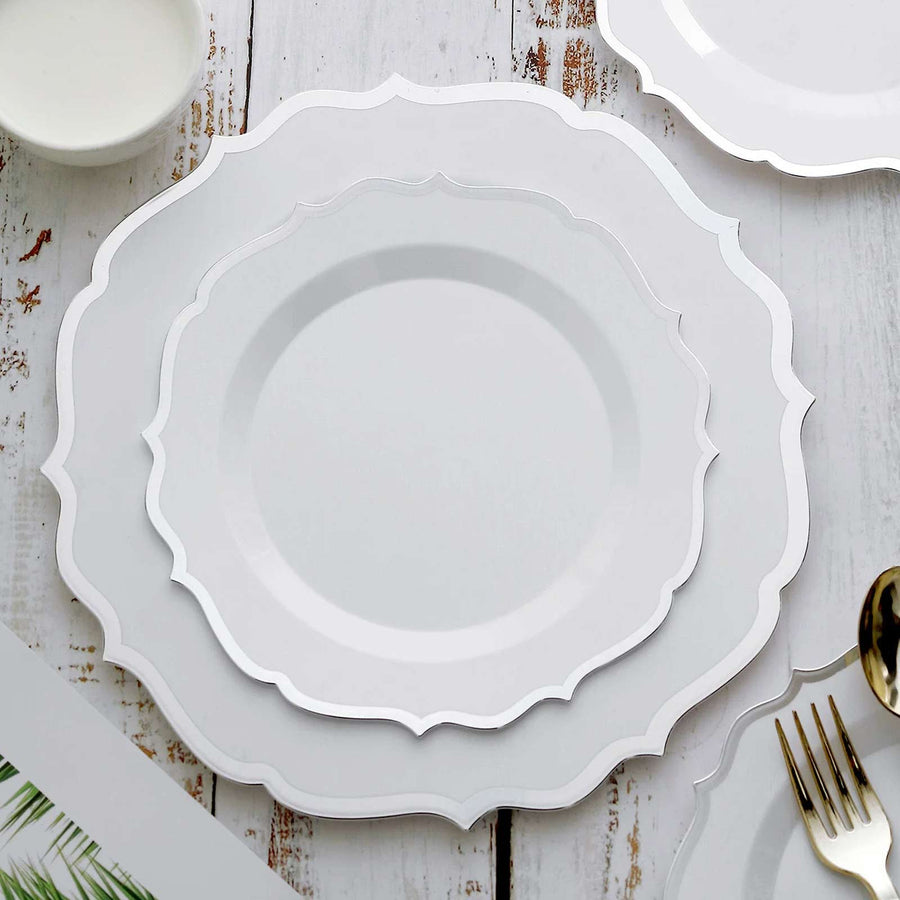 10 Pack 8" White Plastic Dessert Salad Plates, Disposable Tableware Round With Silver Scalloped Rim